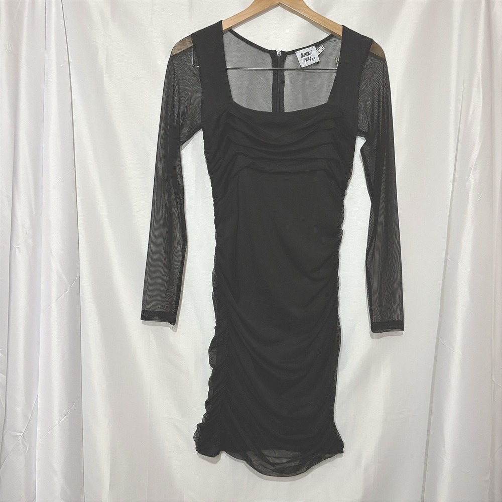Princess Polly Black Mesh Ruched Mini Dress Sheer Long Sleeve Square Neck Size 4